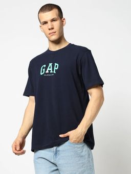 GAP - Navy Blue Men Printed Crew Neck Half Sleeves Relaxed Fit T-Shirt
