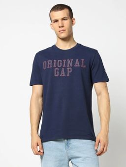 GAP - Navy Blue Men Embroidered Slim Half Sleeves Crew Neck T-Shirt