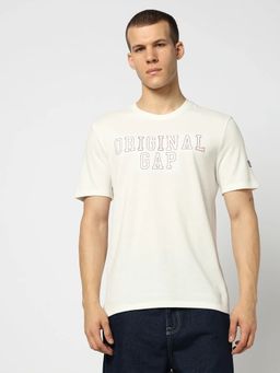 GAP - Off White Men Embroidered Slim Half Sleeves Crew Neck T-Shirt