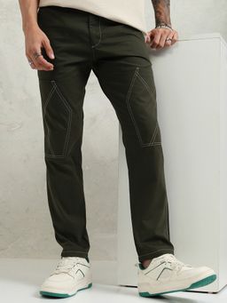 HIGHLANDER - Men Olive Straight Fit Solid Cotton Trouser