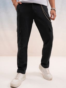 HIGHLANDER - Men Black Straight Fit Solid Cotton Cargo Pant