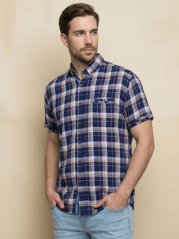 KUONS AVENUE - Men Cotton Checkered Indigo Shirt