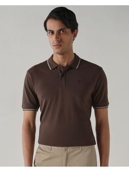 Reid & Taylor - Men Brown Cotton Collar Neck Polo T-Shirt