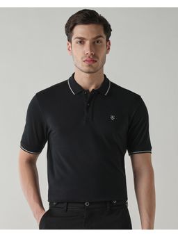 Reid & Taylor - Men Black Cotton Collar Neck Polo T-Shirt