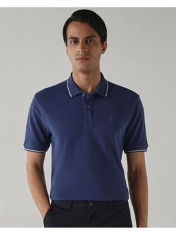 Reid & Taylor - Men Navy Blue Cotton Collar Neck Polo T-Shirt