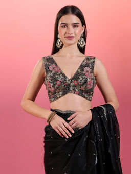 Gajra Gang - Black Bold Floral Embroidered Deep V Neck Sleeveless Blouse Trousseau Tijori