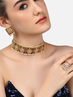 Zaveri Pearls - Red Meenakari Ethnic Kundan Choker Necklace Earring & Ring Set-ZPFK10790