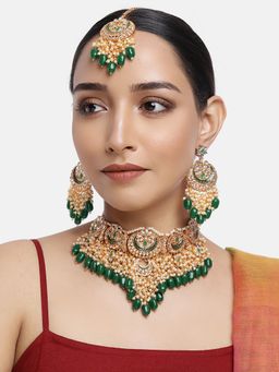 Zaveri Pearls - Green Meenakari Bridal Choker Necklace Earring & Maangtikka Set-ZPFK10497