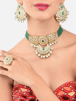 Zaveri Pearls - Green Crystal Bridal Kundan Choker Necklace Earring & Ring Set-ZPFK11438