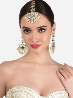 Zaveri Pearls - Green Meenakari Lotus Design Kundan Earring and Maangtikka -ZPFK12216 (Set of 2)