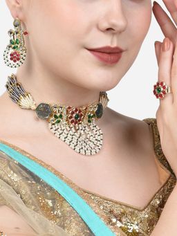 Zaveri Pearls - Multicolor Kundan & Bead Peacock Choker Necklace Earring & Ring Set-ZPFK14705