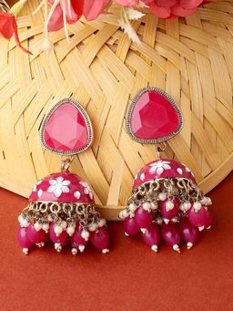 Zaveri Pearls - Set of 2 Rani Pink Meenakari Stone and Cluster Beads Jhumki Earring-ZPFK14919