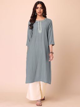 Indya - Grey Thread Embroidered Rayon Kurta