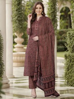 Vaamsi - Women Cotton Blend Printed Regular Kurta Trousers with Dupatta (Set of 3)