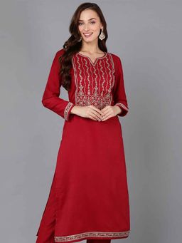 Vaamsi - Women Red Silk Blend Yoke Design Zari Sequined Detail Straight Kurta (VCK9116)