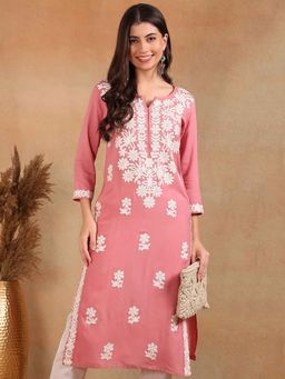 Vaamsi - Pink Viscose Rayon Solid Embroidered Chikankari Straight Kurta