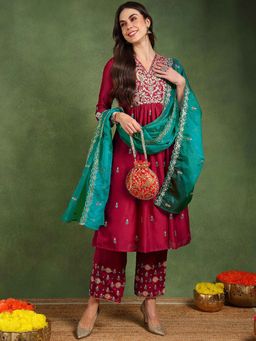 Vaamsi - Women Red Silk Blend Yoke Design Anarkali Kurta with Pant and Dupatta (Set of 3)