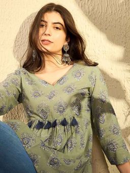 Vaamsi - Women Green Cotton Blend Ethnic Motifs Printed Peplum Tunic
