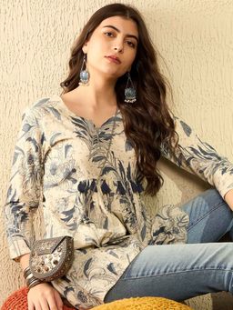 Vaamsi - Women Off White Cotton Blend Floral Printed Peplum Tunic