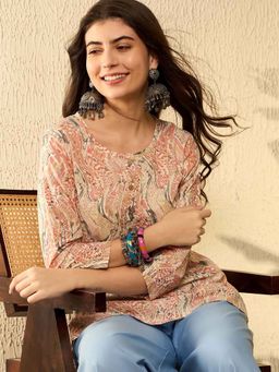 Vaamsi - Women Red Cotton Blend Abstract Printed Regular Tunic