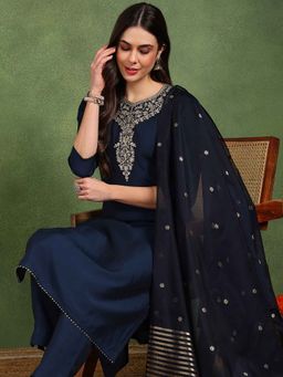 Vaamsi - Women Navy Blue Embroidered Kurta with Pant and Dupatta (Set of 3)