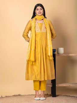 Readiprint - Anarkali Style Chanderi Silk Fabric Mustard Kurta And Pant With Dupatta (Set of 3)