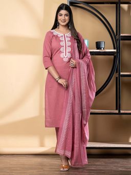 Readiprint - Straight Style Cotton Blend Fabric Maroon Kurta And Pant With Dupatta (Set of 3)