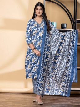 Readiprint - Straight Style Poly Cotton Fabric Blue Kurta And Pant With Dupatta (Set of 3)