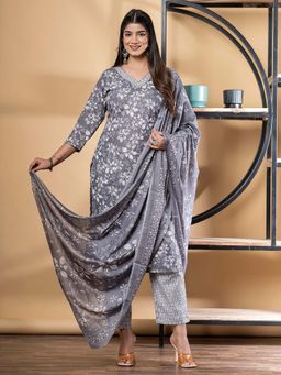 Readiprint - Straight Style Poly Cotton Fabric Grey Kurta And Pant With Dupatta (Set of 3)