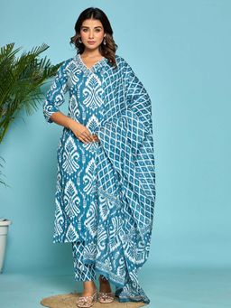 Readiprint - Straight Style Cotton Fabric Teal Kurta And Pant With Dupatta (Set of 3)