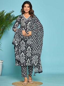 Readiprint - Straight Style Cotton Fabric Black Kurta And Pant With Dupatta (Set of 3)