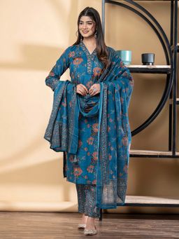 Readiprint - Straight Style Cotton Fabric Blue Kurta And Pant With Dupatta (Set of 3)