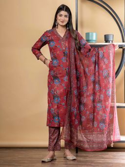 Readiprint - Straight Style Cotton Fabric Maroon Kurta And Pant With Dupatta (Set of 3)