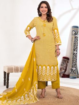 Readiprint - Straight Style Cotton Fabric Yellow Kurta And Pant With Dupatta (Set of 3)