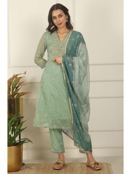 W - Green Polyester Embroidered V-Neck Kurta with Pant and Dupatta (Set of 3)