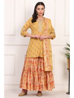 W - Yellow Viscose Rayon Floral Round Neck Kurta with Sharara and Dupatta (Set of 3)