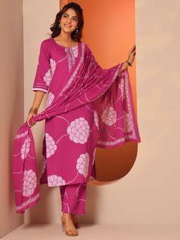 Libas - Pink Cotton Printed Mandarin Neck Kurta with Pant and Dupatta (Set of 3)