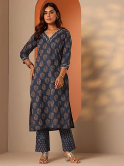 Libas - Blue Cotton Printed V-Neck Kurta with Pant (Set of 2)