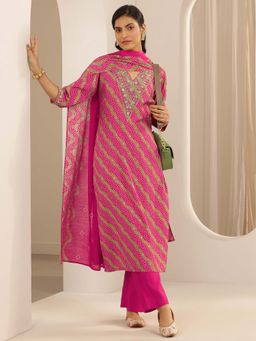 Libas - Pink Silk Blend Printed V-Neck Kurta with Pant and Dupatta (Set of 3)