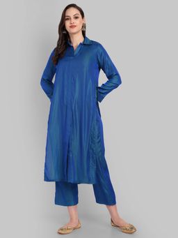 Mera Rang - Blue Viscose Rayon Solid Collar Neck Kurta with Pant (Set of 2)