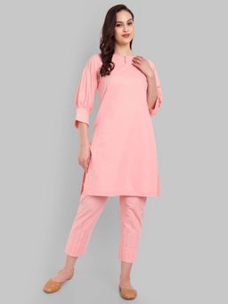 Mera Rang - Peach Cotton Solid Boat Neck Kurta with Pant (Set of 2)