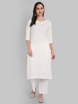 Mera Rang - White Cotton Solid Round Neck Kurta with Pant (Set of 2)