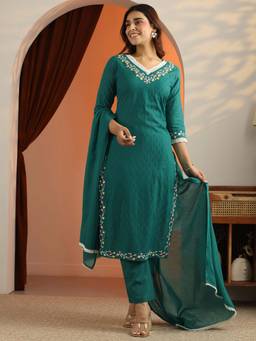 Libas - Teal Cotton Woven V-Neck Kurta with Pant and Dupatta (Set of 3)
