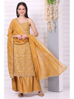 Aurelia - Gold Viscose Blend Shoulder Straps Kurta with Palazzo and Dupatta (Set of 3)