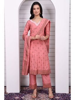 Aurelia - Pink Polyester Blend Printed Anarkali Kurta with Palazzo and Dupatta (Set of 3)