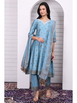 Aurelia - Blue Polyester Blend Printed Anarkali Kurta with Palazzo and Dupatta (Set of 3)