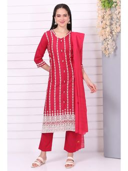 Aurelia - Red Pure Cotton Embroidered Kurta with Pant and Dupatta (Set of 3)