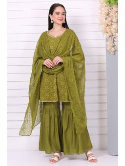 Aurelia - Green Polyester Embroidered Sweetheart Kurta with Sharara and Dupatta (Set of 3)