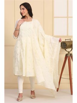 Aurelia - Cream Polyester Embroidered Sweetheart Kurta with Leggings and Dupatta (Set of 3)