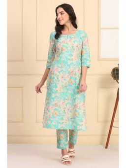 Aurelia - Blue Cotton Blend Floral Kurta with Pant (Set of 2)